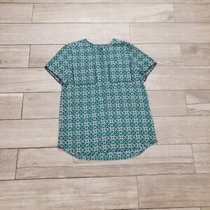 J.Crew 100% silk green black medallion crew neck short sleeve blouse size 10